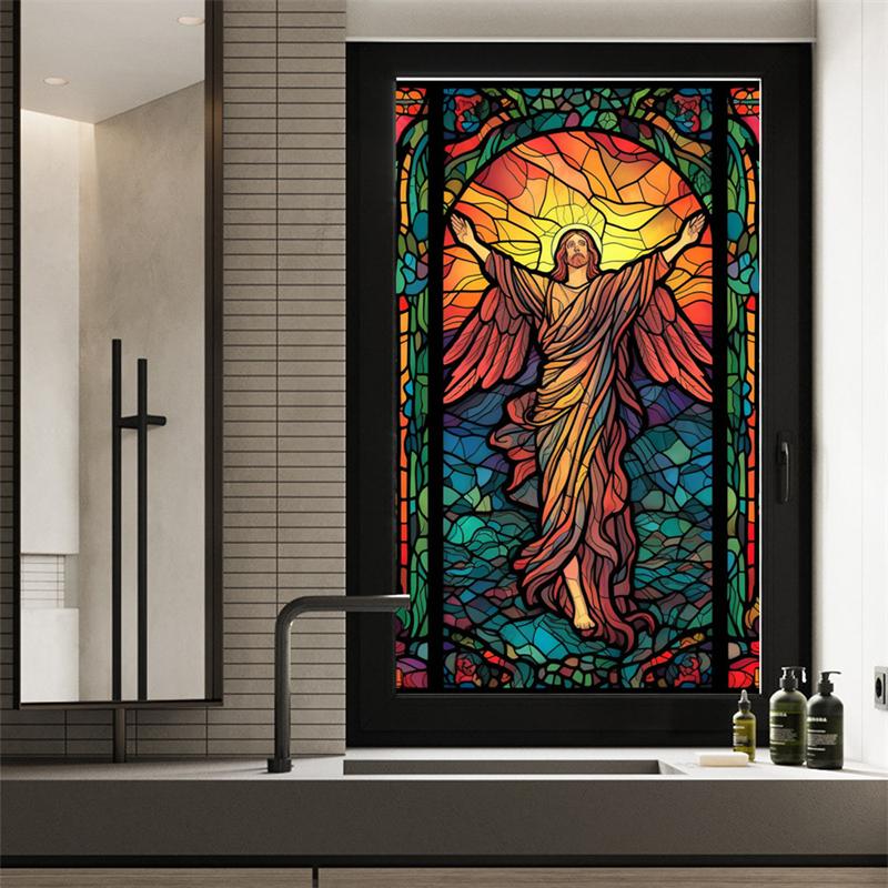 Gebeizte bunte tropische Pflanzenblumen, Ozean-Sonnenaufgang, Fensterglas, statische Aufkleber, entfernbare dekorative PVC-Folie für das Home Office