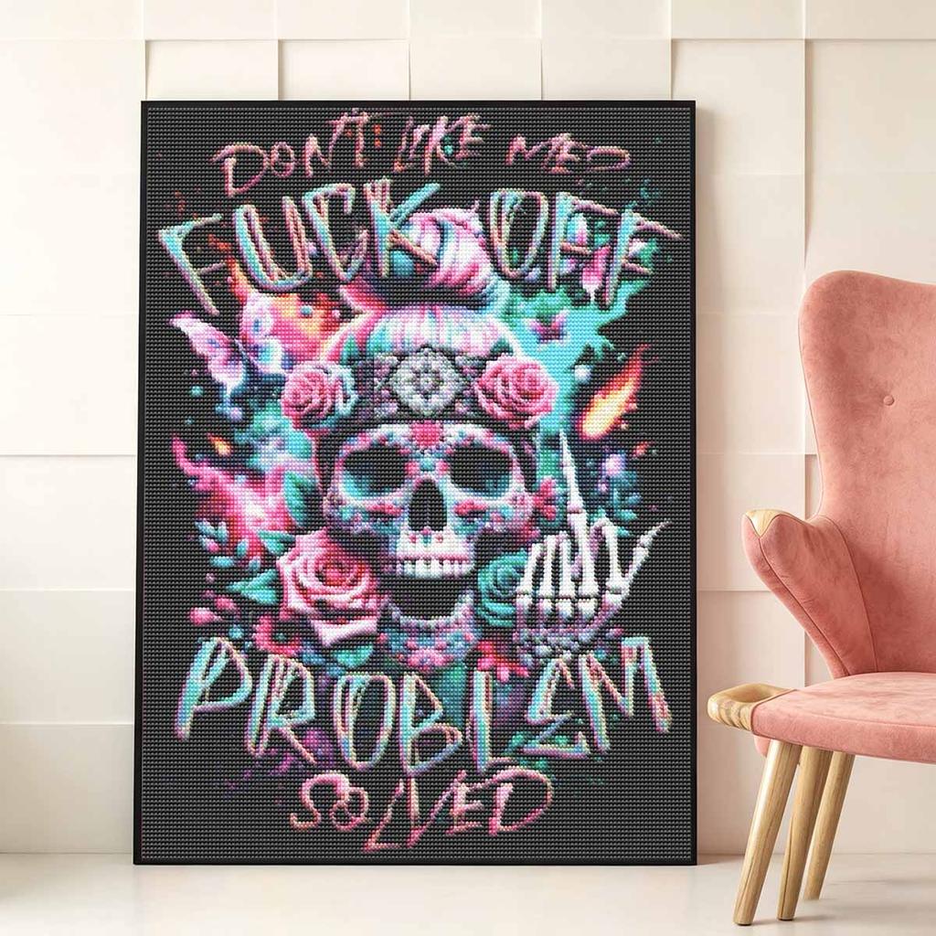 Skull Roses Fuck Off Problem Solved Full Round Drill Diamond Painting Kit DIY Sparkle Art Canvas for Adults Relaxing Craft and Home Decoration Gift