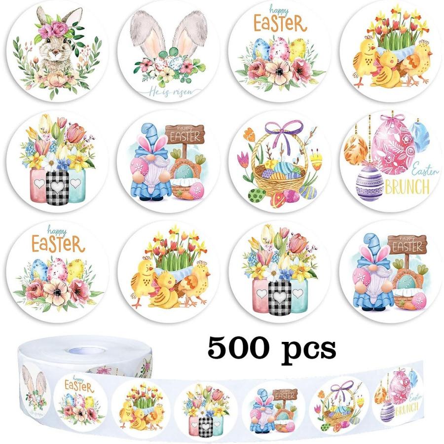 500pcs/roll Easter Bunny Stickers Cute Colorful Flowers Eggs Illustration Stickers Spring Summer Party Gift Bag Sealing Stickers