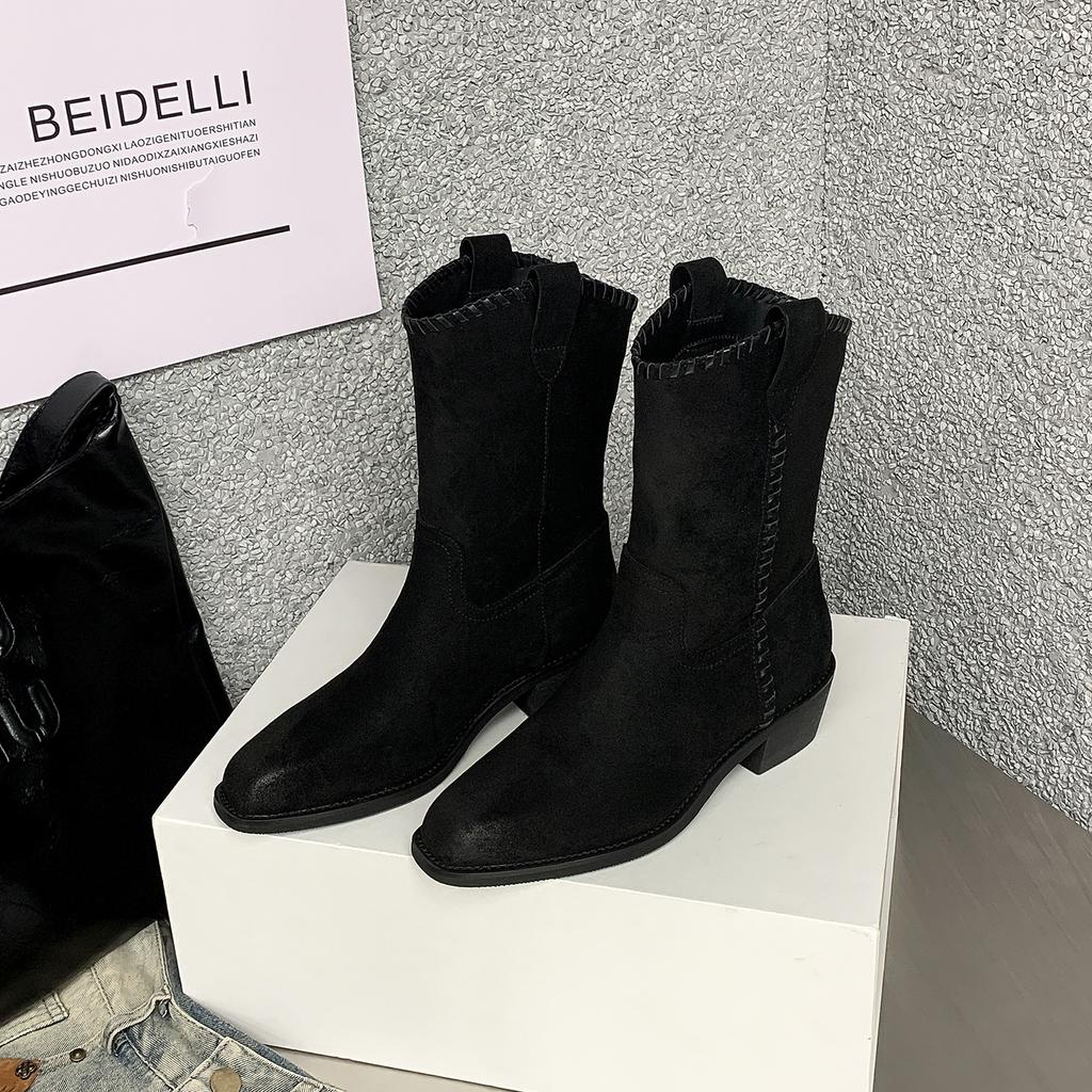 Leather Western Cowboy Boots Knight Boots Women's Maillard Skinny Thick Heel Pointed Short Boots Vintage Medium Martin Boots