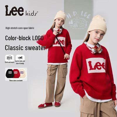 Kids Children's Thick Warm Round Neck Pullover Sweater with Contrast Logo
