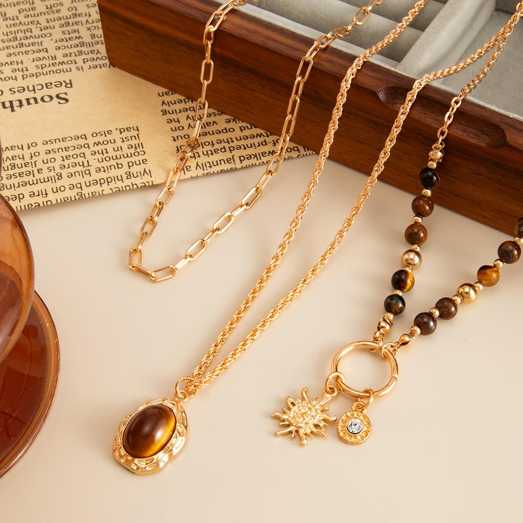 Maillard Style Tiger Eye Stone Pendant Y-shaped Thin Chain Sweater Necklace Women's Fashion Adjustable Rope Chain Daily Jewelry