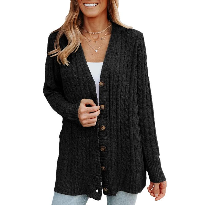 Women's V Neck Long Sleeve Cable Knit Cardigan Regular Fit Casual Sweater Coat