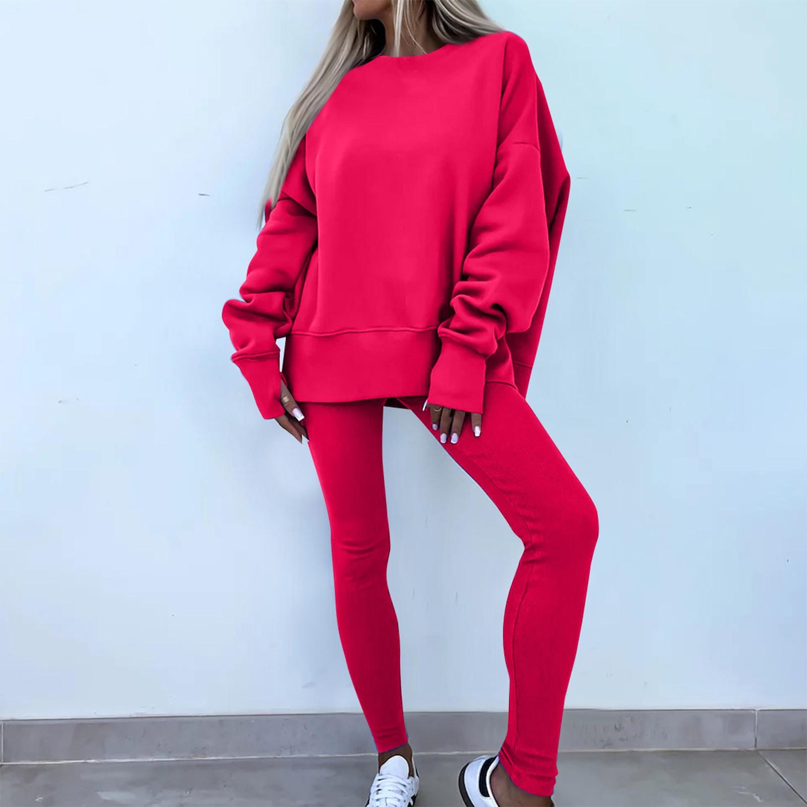 

Комплект с капюшоном для женщин, повседневный, с длинными рукавами, круглым вырезом, разрезом, обтягивающие брюки XL красный