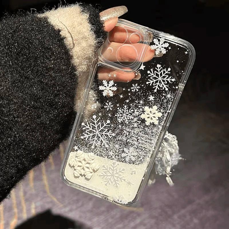 Winter Snowflake Quicksand Phone Case with Charm, Clear TPU Cover for iPhone with Snowman Pendant