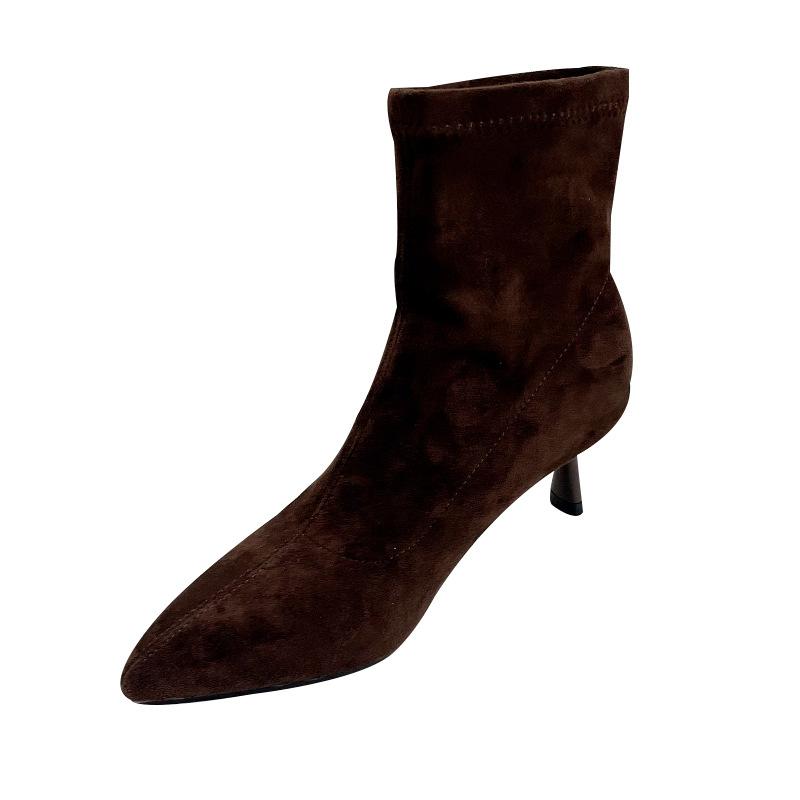 2025 autumn and winter Korean version fashion temperament pointed head high heel elastic thin boots suede commuting elegant thin heel short boots wo