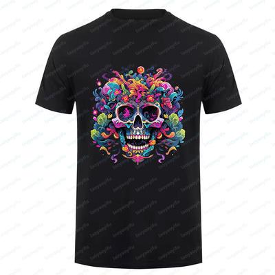 Mexican Skull Pattern Cotton Summer Tee Unisex Short Sleeve Round Neck Retro Style Graphic Shortsleeved Launched Casual Tshirt