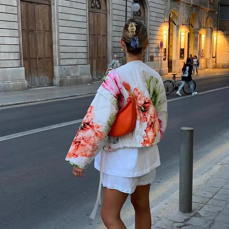 Fashion Floral Printed Jackets Women Elegant O-neck Single Breasted Draw Rope Female Coat Autumn Lady Casual Coats