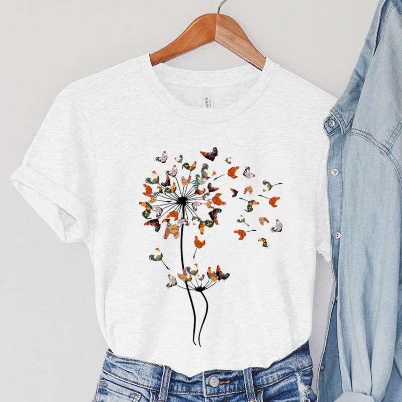 Dandelion Chicken Print Summer T-shirts For Women Casual T-shirts O Neck Short-sleeved T-shirts Fashion Tshirt