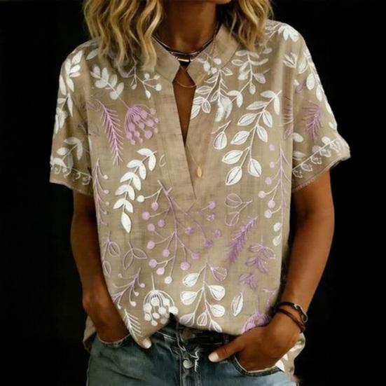 Women Shirt V-Neck Short Sleeve Loose Fit Pullover Tops 3D Printed Pattern Summer Casual Blouse Daily Wear