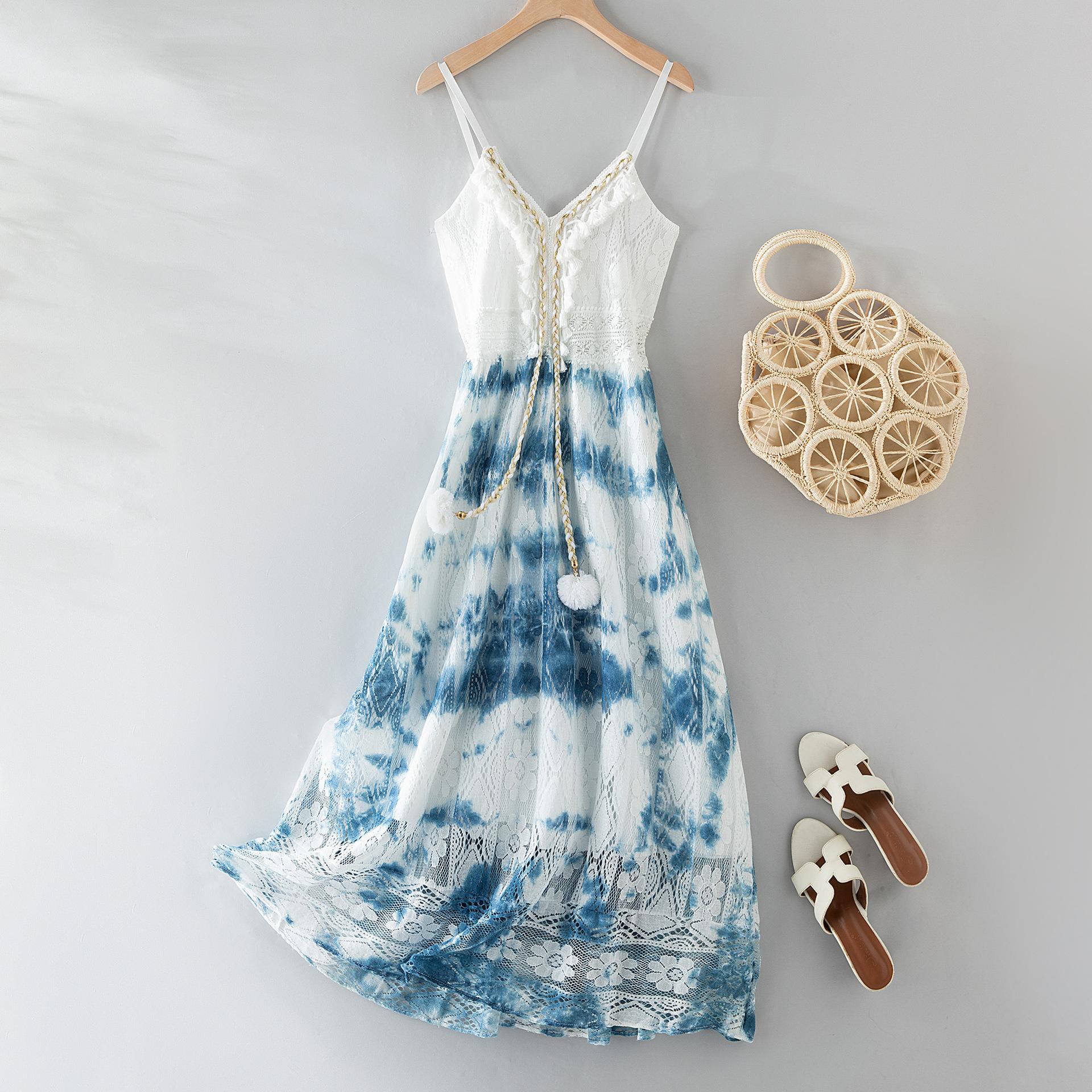 Юньнаньское ручное батик-окрашивание этническое экзотическое богемное платье женское летнее с V-образным вырезом с бахромой кружевное платье-сарафан M