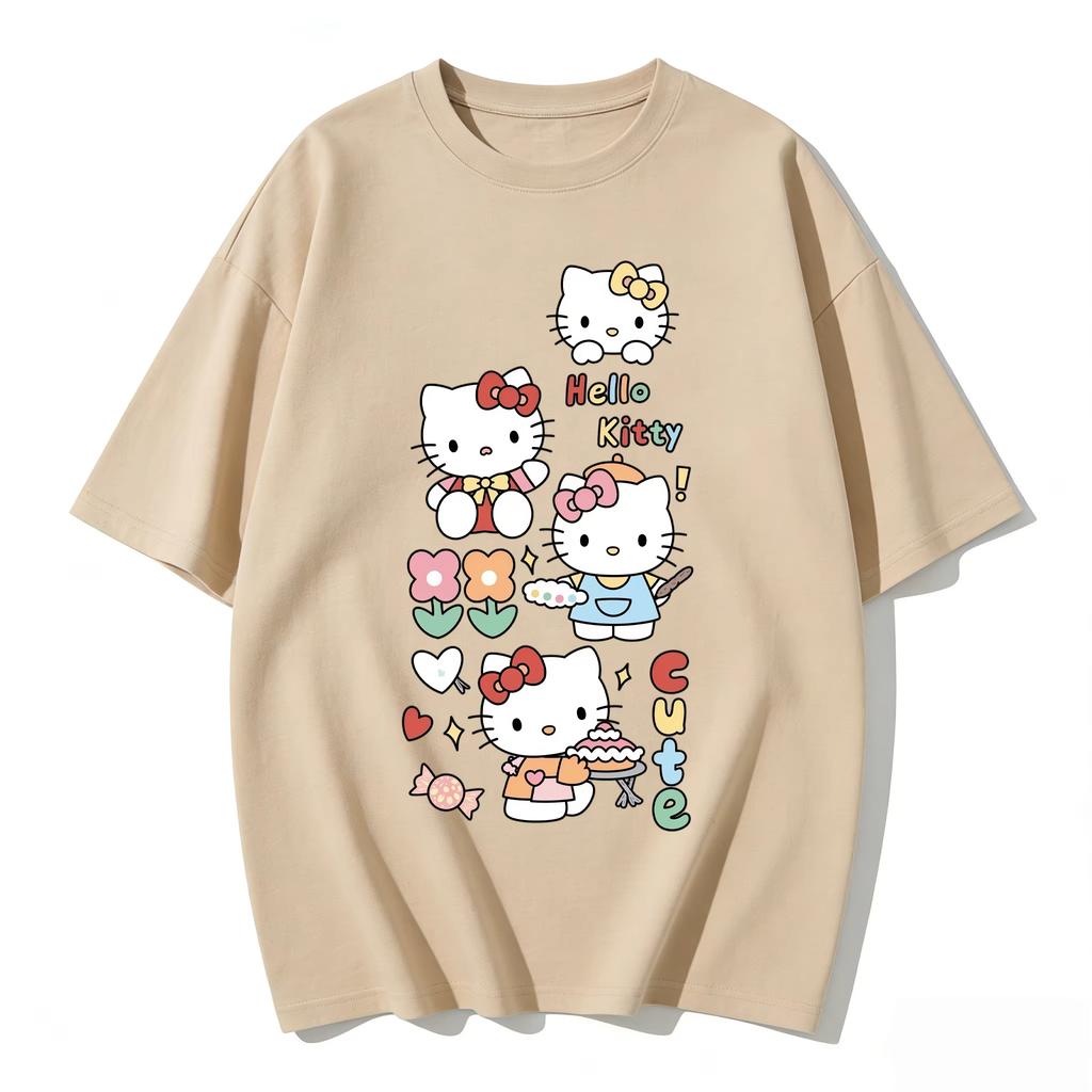 2026 New Summer HelloKitty Cute Graphic Tee Casual Short Sleeve Cotton Top for Women Girls Kawaii Cartoon Print Streetwear