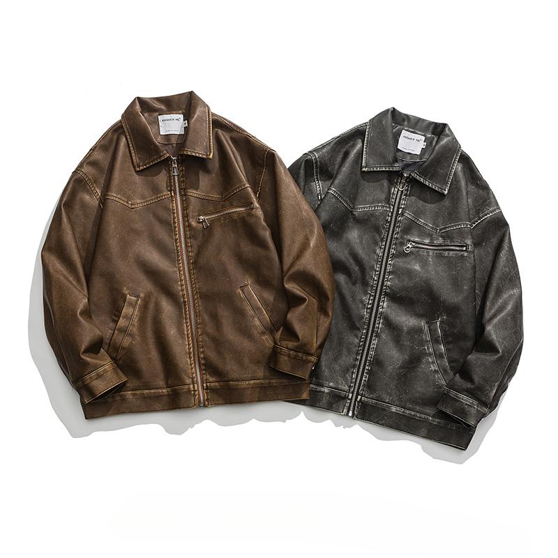 American Vintage Washed Leather Jacket for Men's Autumn Niche High-end Motorcycle Bomber Jacket Women BF Style Cool Lapel Coat