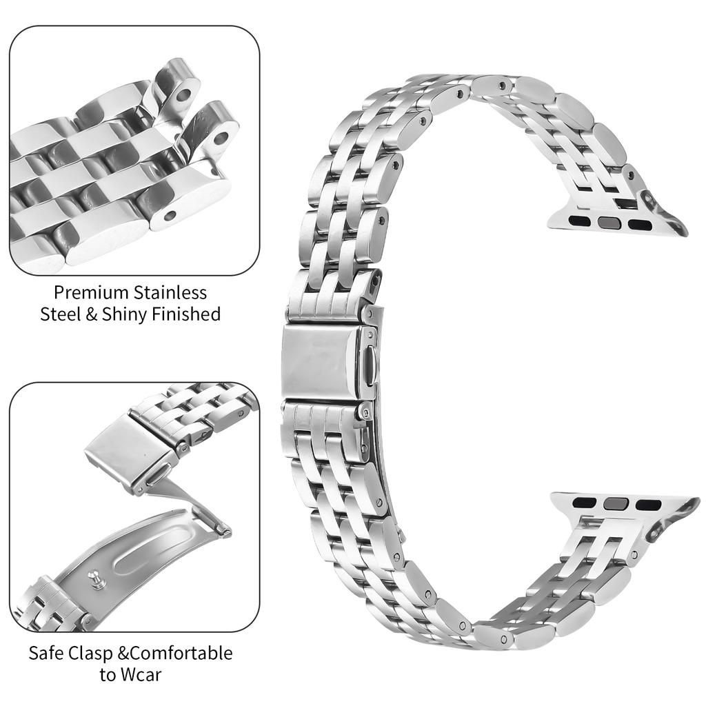 Watch Band For Apple Watch Series 10 9 8 7 SE 6 5 4 3 2 1 42mm 41mm 40mm 38mm Slim Five-Bead Stainless Steel Silver Strap