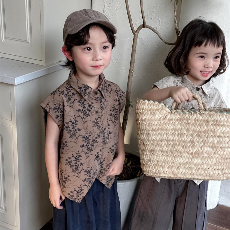 Jiaye Tongpin 2025 Kids' Floral Short-Sleeve Retro Shirt for Boys and Girls