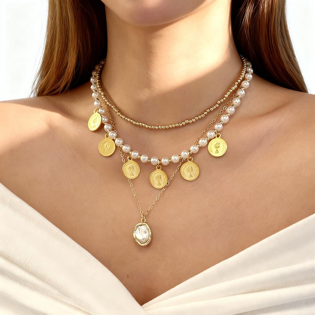 Bohemian Imitation Baroque Pearl Necklace Set for Women Portrait Coin Pendant Collar Necklace Beach Party Jewelry New Year Gift