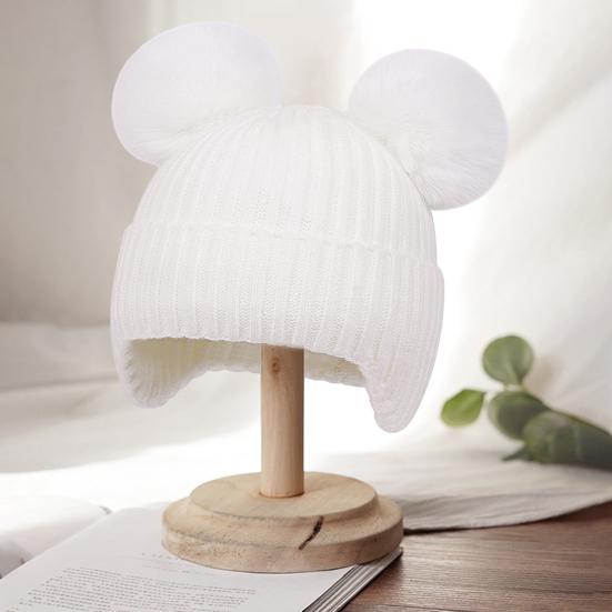 Yousheng Kids Knitted Hat Dual Fur Ball Decor Ear Protection Warm Hat Solid Color Elastic Warm Windproof Hat Headwear