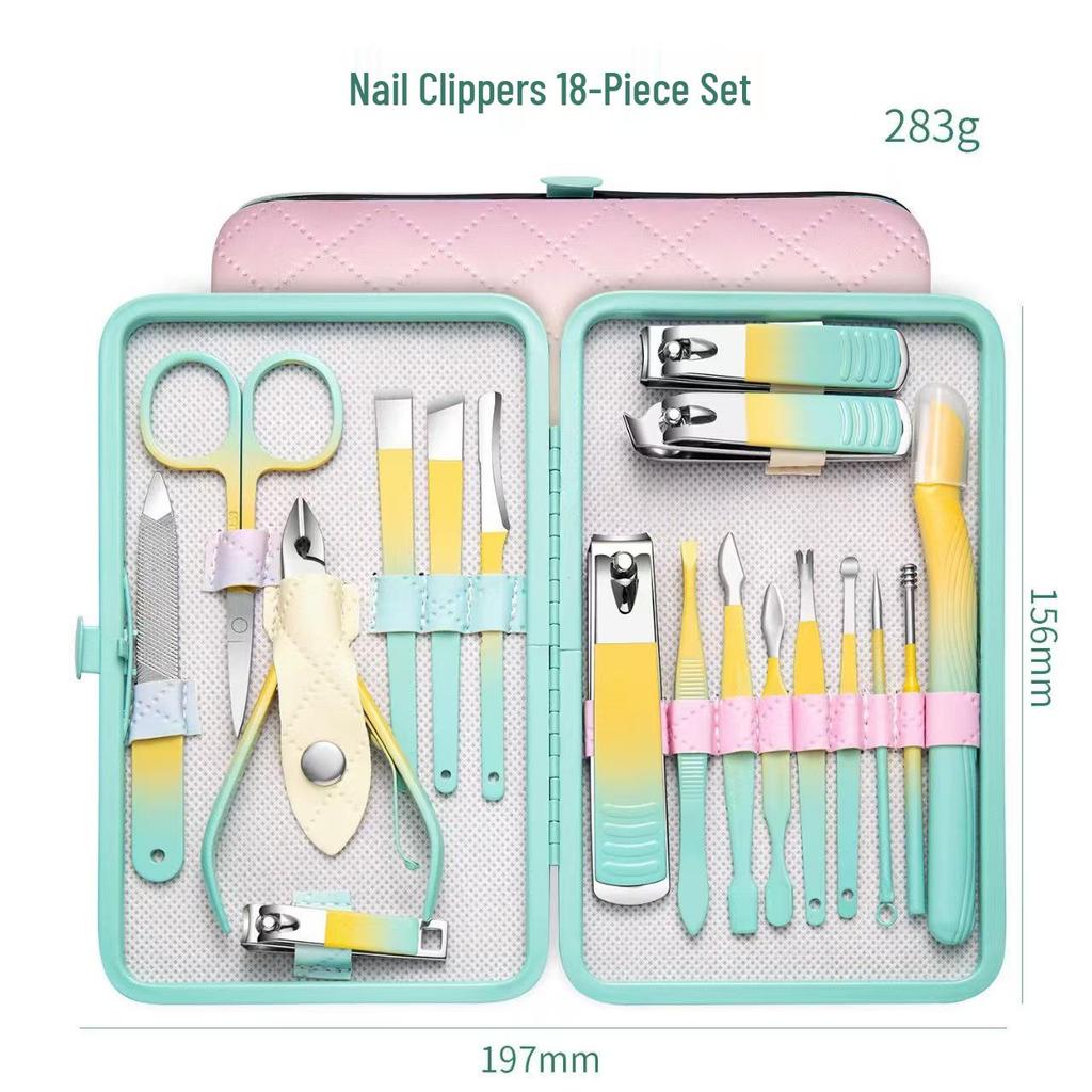 Gradient Color 18-Piece Stainless Steel Nail Clipper and Pedicure Set with Eyebrow Trimming Scissors
