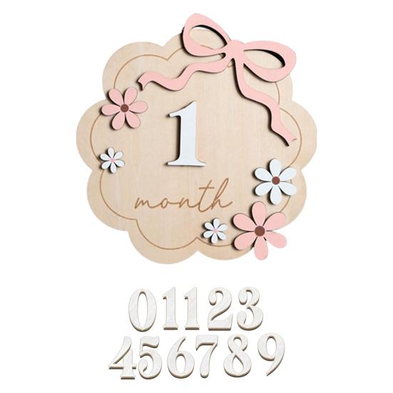 Baby Monthly Milestone Ornaments, Wooden Growth Markers with 3D Bow And Flower Decoration, Baby Monthly Milestone Cards for Baby Photos Keepsake