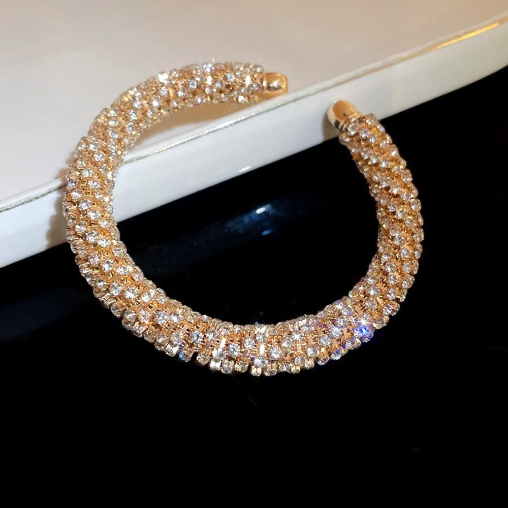Gold Cuff Bracelet Round Open Bangle Luxury Rhinestone Bangle  Ladies