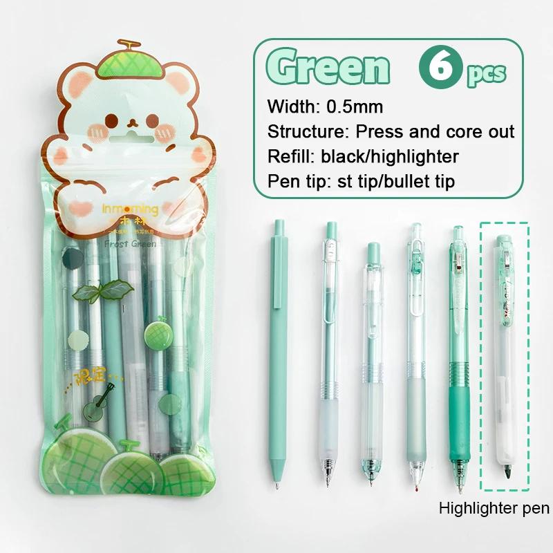 6pcs Gel Pen and Marker Pen Set Retractable Black Ink 0.5mm Ballpoint Pen School Student Office Stationery Supplies