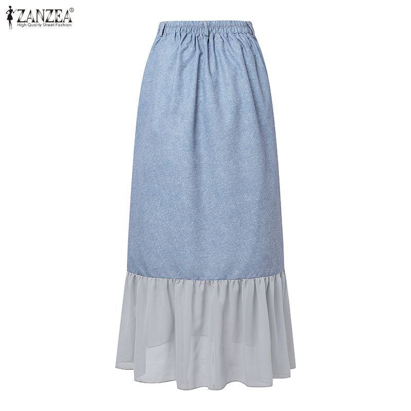 ZANZEA Fuste Florale Patchwork Casual pentru Femei cu Talie Elastică la Spate