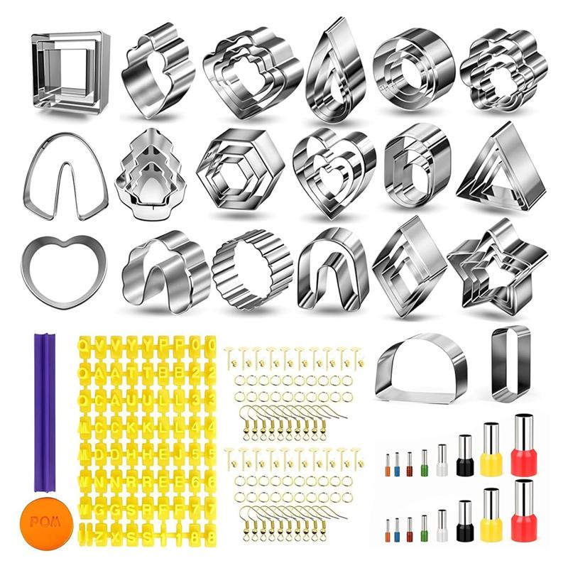 

AEE2-Polymer Clay Cutters For Earring Making 44 Shapes Clay Earring Cutters 16 Circle Cutters 1 Letter Stamp 120 Accessories