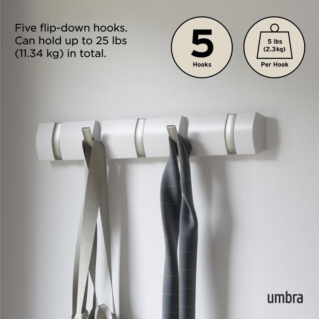 Umbra Flip Shine Wall Storage Hooks, White, 5-Hook Hooks,