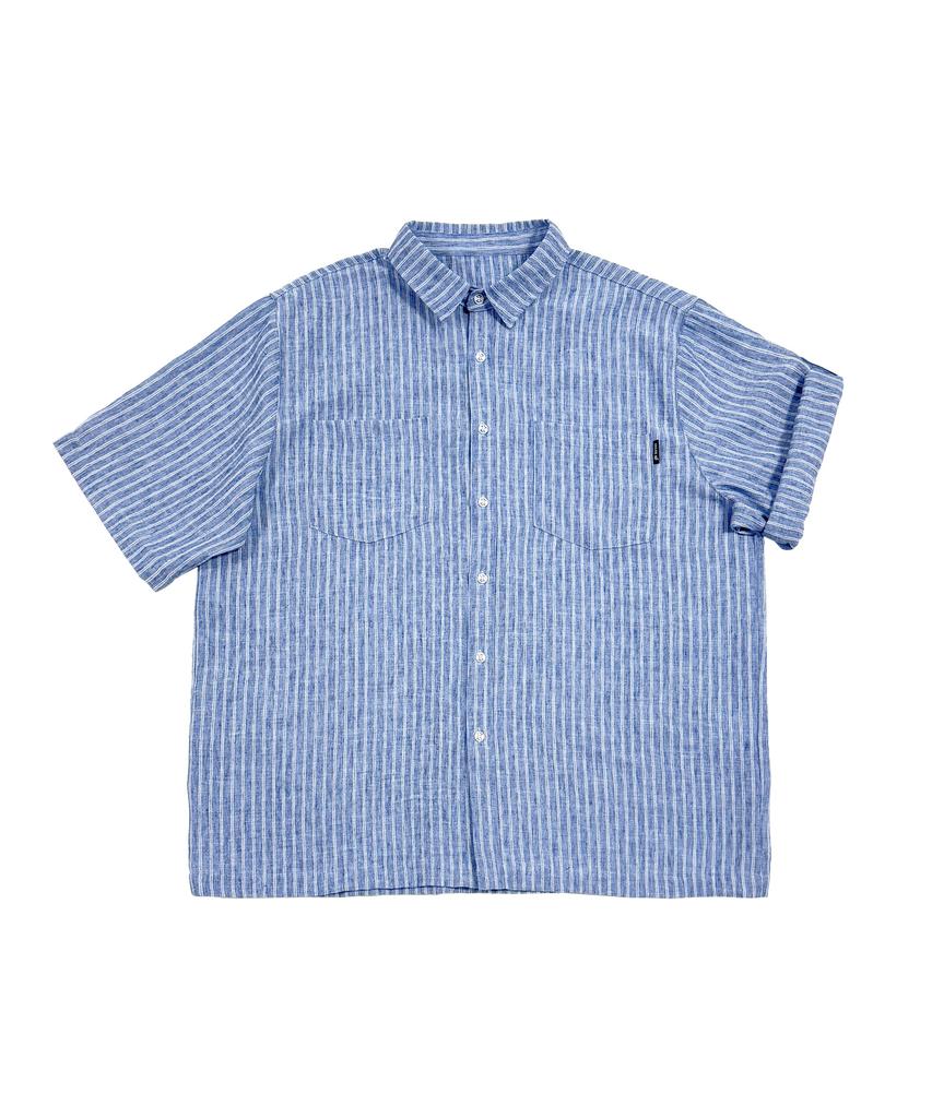 GOSTREET Semi-Oversized Striped Roll-Up Short Sleeve Shirt Blue