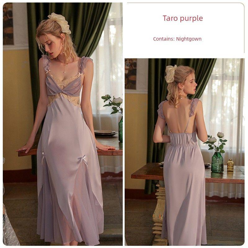 Good Morning with You: French Purple Strap Pajamas Long Dress to Ankle Super Long Lace Nightdress Sweet Princess Style