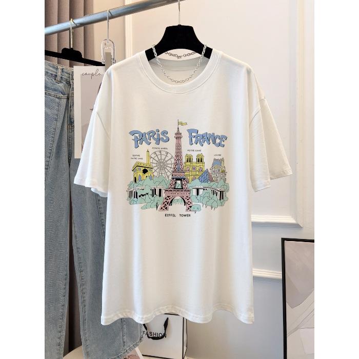 

Хлопковая футболка с принтом, летняя, с коротким рукавом, женская, свободного кроя S белый