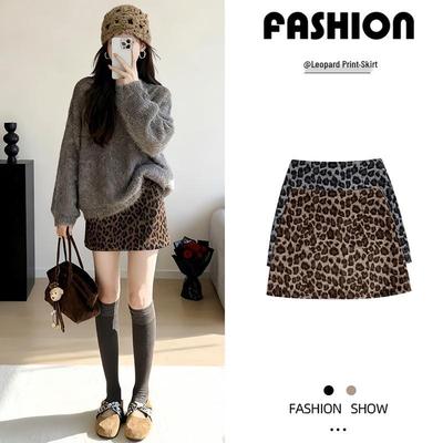 Women's Coffee Leopard Print Bodycon A-line Skirt - Spring/Autumn 2025, Slimming High Waist Short Skirt for Petite Hot Girl Style