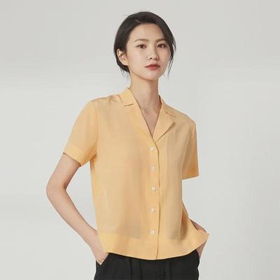 Damen Seidenkrepp Kurzarmhemd mit Anzugkragen - Elegant, Lässig, Einfarbig