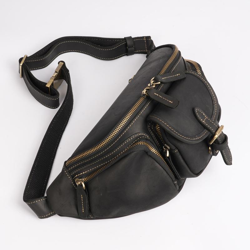 

Hot Selling Men s Retro Top Layer Cowhide Waist Bag, Casual Outdoor Hiking Travel Diagonal Cross Bag, Crazy Horse Skin Chest Bag чорний