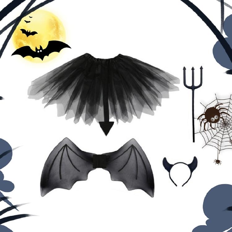 Halloween Rainbow Costume Set Devil Cosplay Costume Accessories for Kids Girl, Including Headband, Wing, Skirt, and Wand