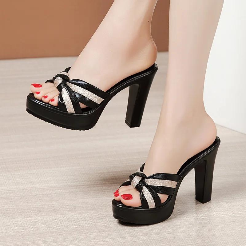 Plus Size 32-43 Open Head Block Heel Platform Slippers Summer 2025 Stripe Elegant High Heels Slides Office Party Shoes