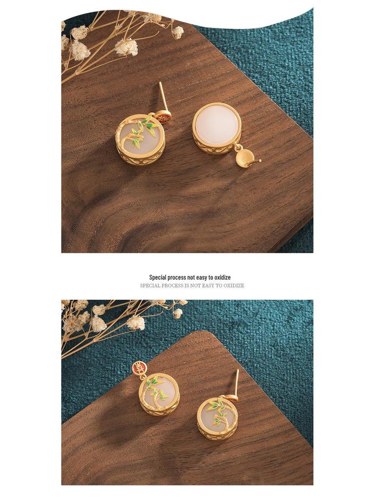 Chinese Style Hanfu-Style Enamel & Jade Imitation Stud Earrings with 925 Silver Needle