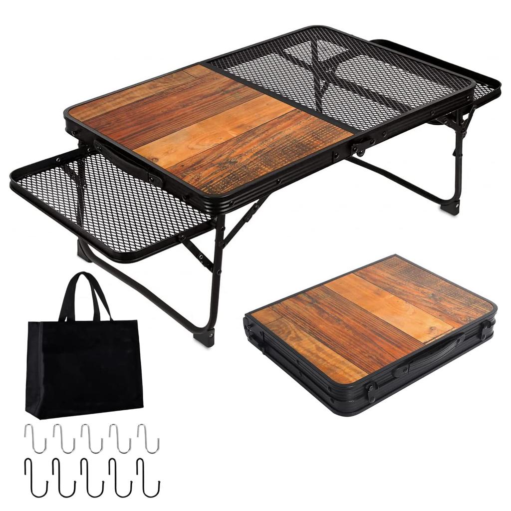 UPF Camping Table with Mesh Side Table Outdoor Table Wood Grain Lightweight Folding Table Compact Low Table Folding Mini Table Heat Resistant Bonfire