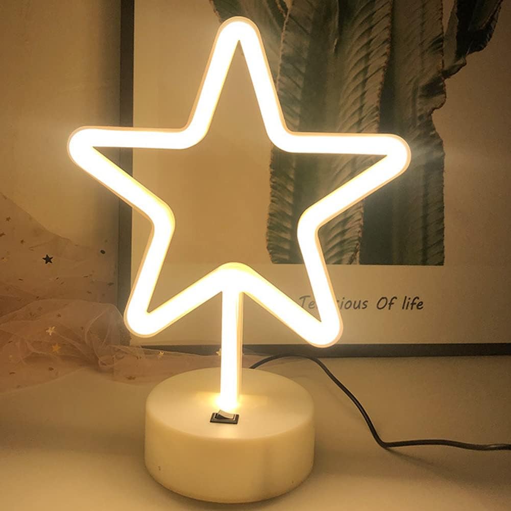 Star Neon Sign Light with Base Star Shape LED Night Light Table Lamp Party Christmas Birthday Star Light Decor, USB or