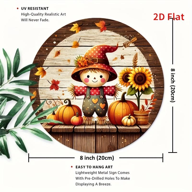 HD Tin Sign Fall Scarecrow Pumpkin Sunflower Round Vintage Metal Wall Art Retro Autumn Decor