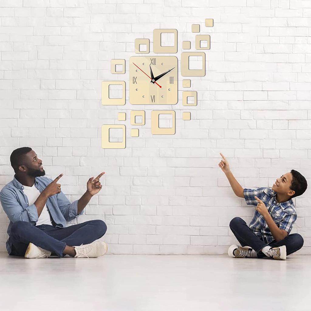Home Clock Fashionable  Square Combination Clock Wall Decoration Clock Mirror Stickers, Mirror Wall Stickers, Suitable For Living Room, Study, Bedroom
