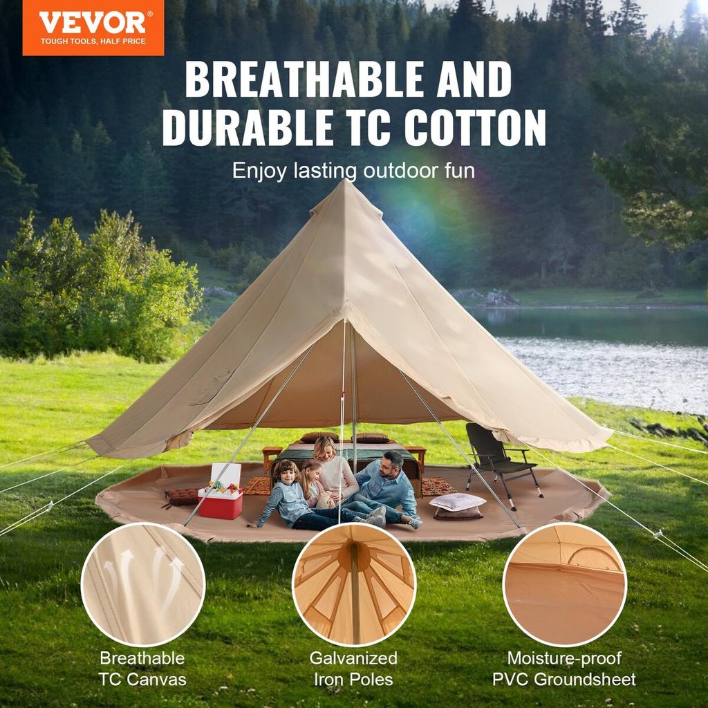 Canvas Bell Tent, 4 Seasons 3 M/9.8ft Yurt Tent, Canvas Tent for Camping with Stove Jack, Breathable Tent Holds Up To 4 People, Family Camping Outdoor