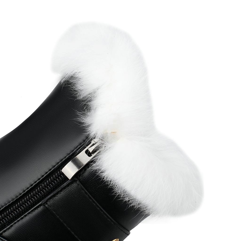 Winter Ankle Boots Women's with Warm Rabbit Fur Comfy Round Toe Chunky High Heels Shoes Soft PU Belt Footwear