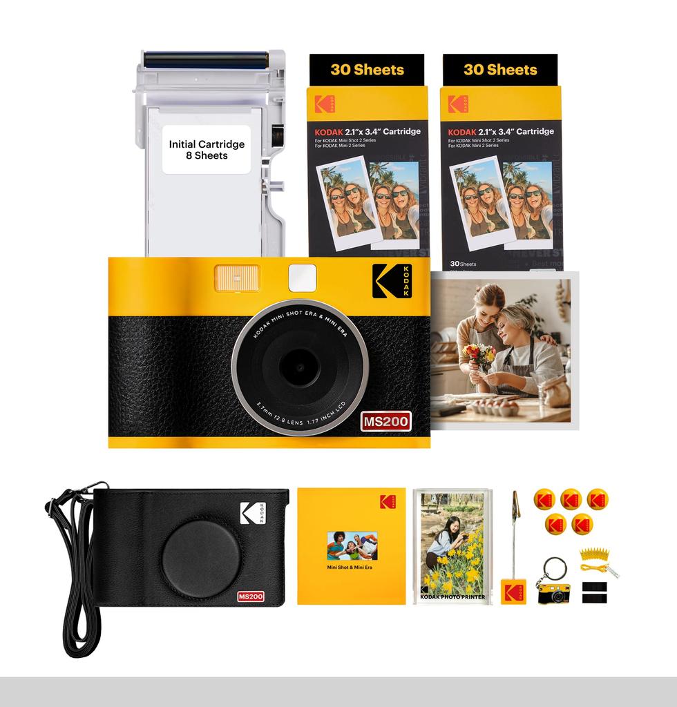 KODAK Mini Shot 2 ERA 4PASS Instax Fotoaparát Tiskárna pro chytré telefony 8 Černá 68 listů Příslušenství 2 v 1 & (2.1x3.4") + Listy, (Fotoaparát + + Sada, Žlutá)