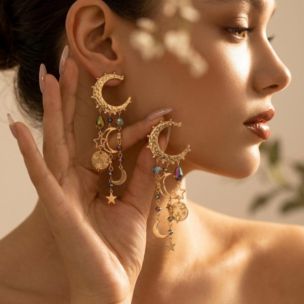 Moqi Celestial Dangle Earrings Alloy Gold Moon Star Tassel Bohemian