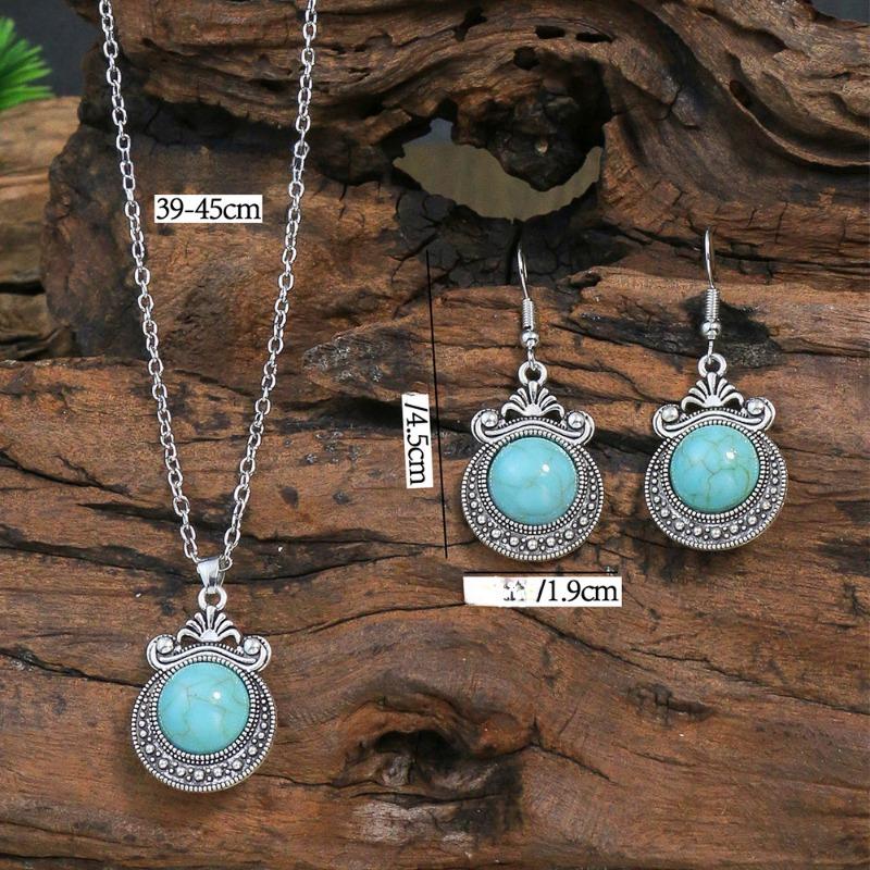 GemChic Women's New Vintage Ethnic Turquoise Geometric Carve Flower Pendant Necklace Earrings Two Piece Set Fashion Birthday Christmas Jewelry Gift
