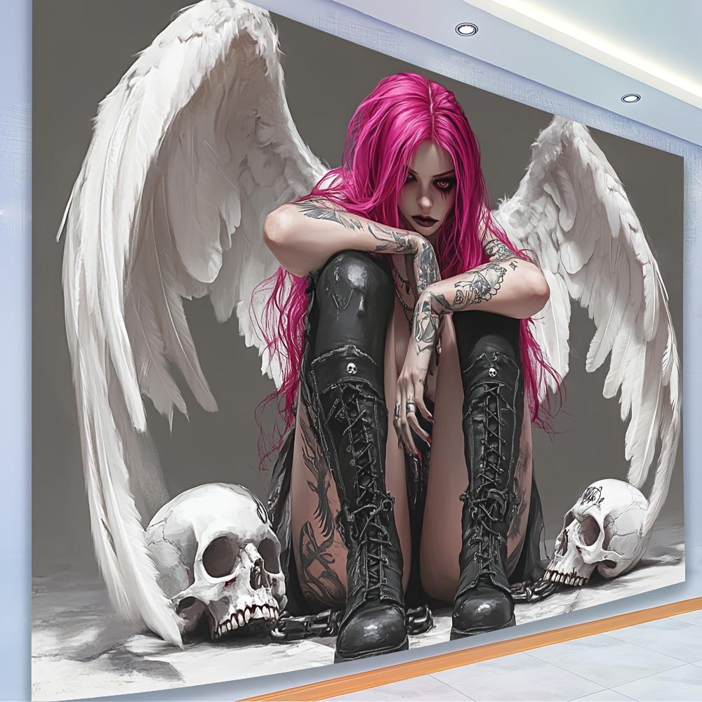 Pink Hair Angel With White Wings Skulls Tattooed Woman Wall Tapestry Gothic Art Decor Dark Aesthetic Home Interior Design