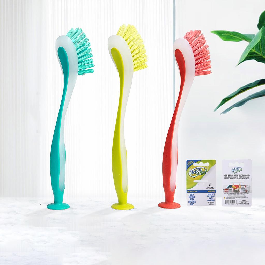 Multifunksjonell rengjøringsbørste, vertikal sugekoppbørste, kjøkkenbørste med lang skaft, oppvaskartefakt, grytebørste i plast
