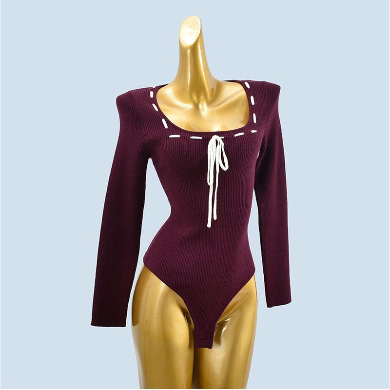

Экспорт Сексуальный комбинезон с квадратным вырезом Женский Сексуальный с длинными рукавами Цельный футболка Осенняя одежда Внутренняя одежда Чистое желание Вязаный Нижний слой Purple Red S