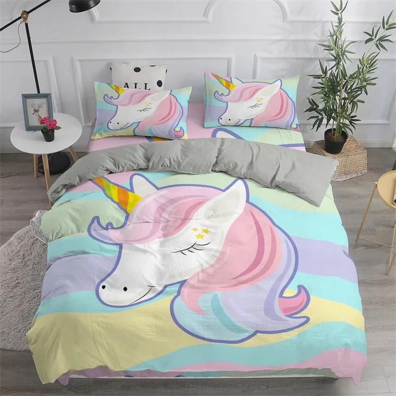 Children Cute Unicorn Duvet Cover Cartoon Bedding Set Rainbow Stripes Animals Children Kids Girls Gifts for Bedroom Decorations